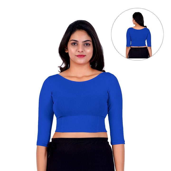 blue latest womens cotton boat neck blouse designs