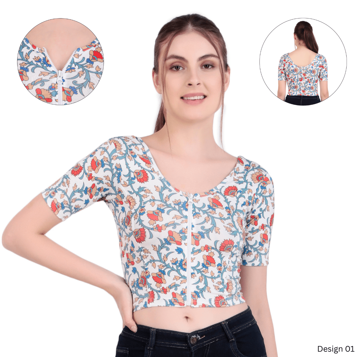 Zipper Readymade Blouse | Printed | Stretchable