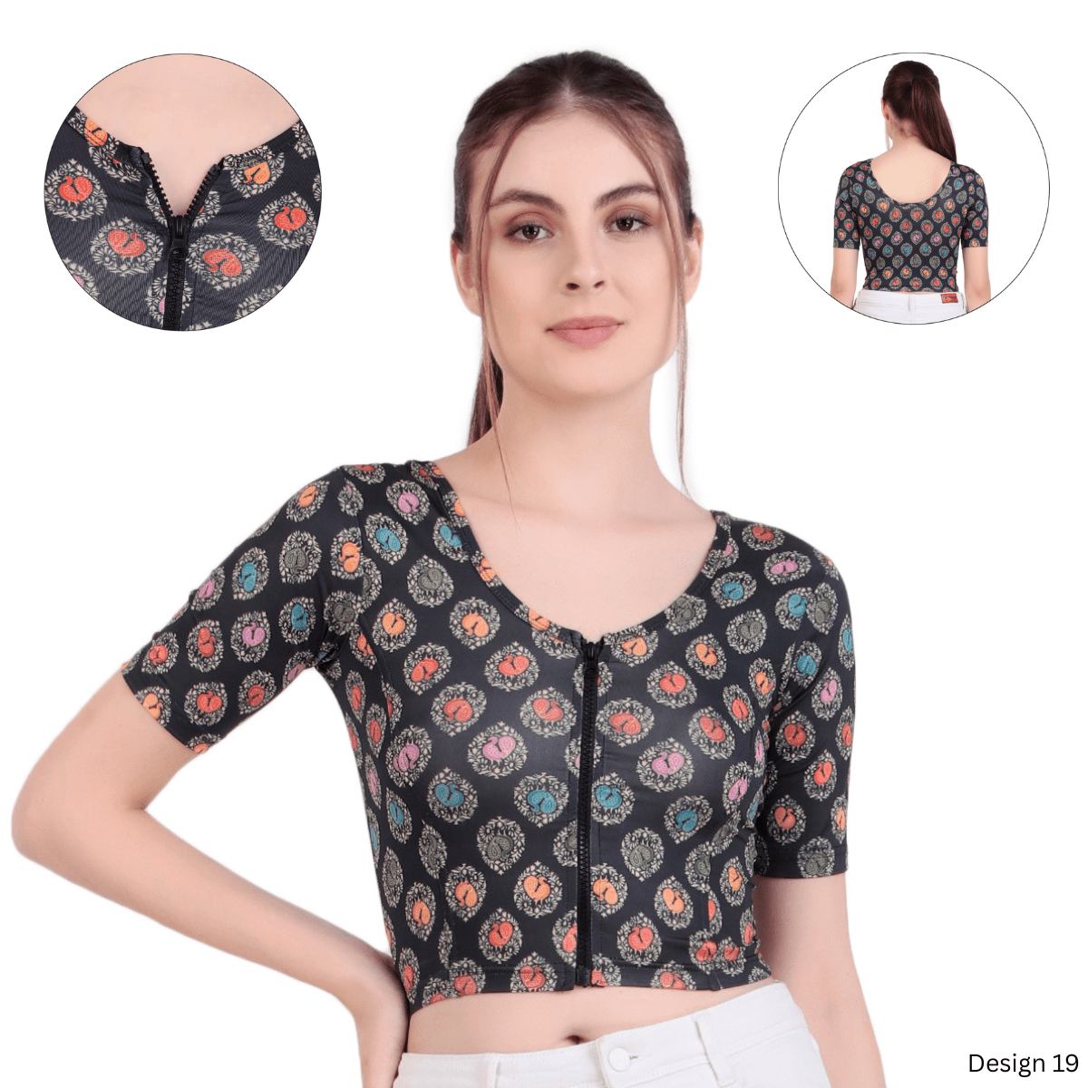 Zipper Readymade Blouse | Printed | Stretchable