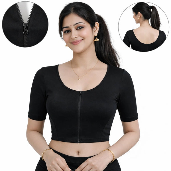 Woman wearing a black zip-up top with insets showing details on a white background