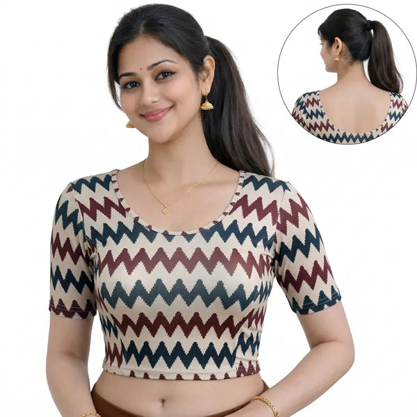 Woman wearing a patterned blouse with a close-up of the back design on a white background