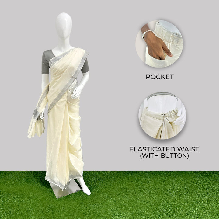 Woman wearing a stylish ready-to-wear saree, effortlessly draped for a perfect traditional look