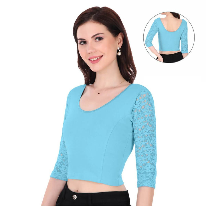 sky blue full sleeve lace blouse for ladies